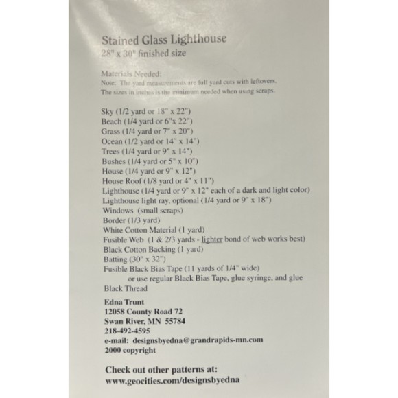 Designs By Edna - Stained Glass Lighthouse Quilt Pattern - Picture 2 of 2